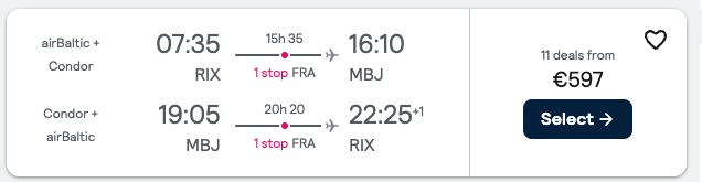 Booking example for flight from Riga (RIX) to Montego Bay (MBJ).