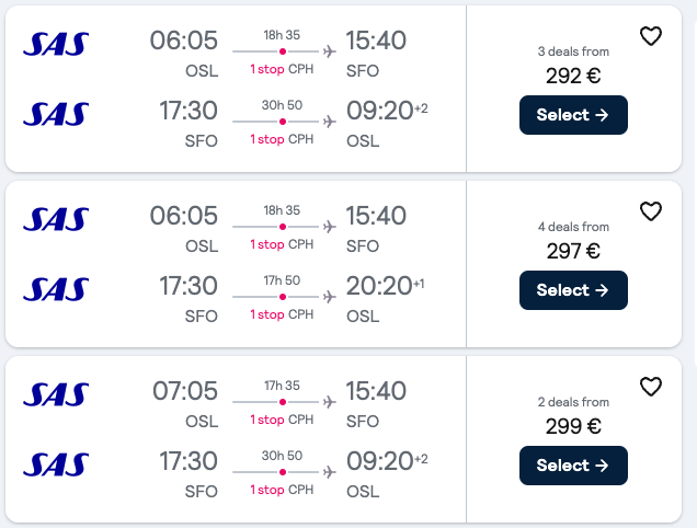 Booking example for flight from Oslo (OSL) to San Francisco (SFO).