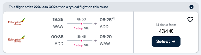 Booking example for flight from Warsaw (WAW) to Addis Ababa (ADD).