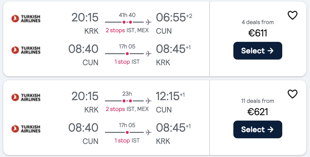 Booking example for flight from Kraków (KRK) to Cancún (CUN).