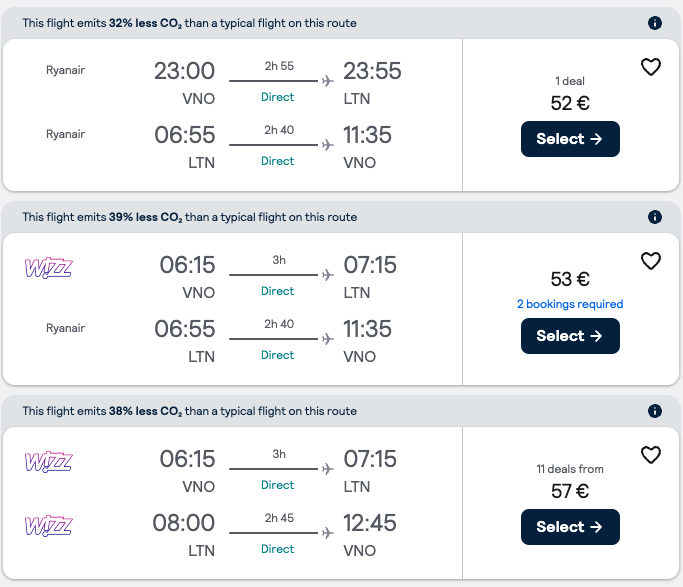 Booking example for flight from Vilnius (VNO) to London Luton (LTN).