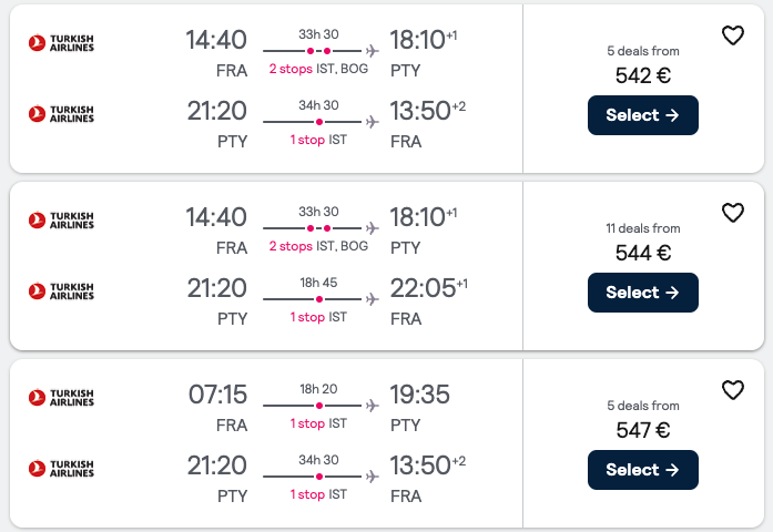 Booking example for flight from Frankfurt (FRA) to Panama City (PTY).