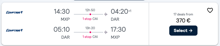 Booking example for flight from Milan (MXP) to Dar es Salaam (DAR).