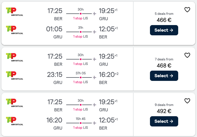 Booking example for flight from Berlin (BER) to São Paulo (GRU).