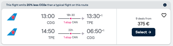 Booking example for flight from Paris (CDG) to Taipei (TPE).