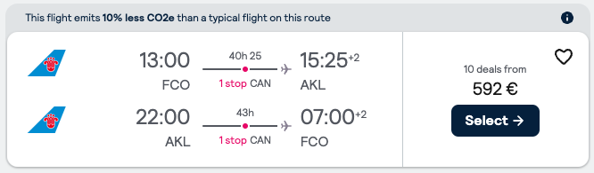 Booking example for flight from Rome (FCO) to Auckland (AKL).