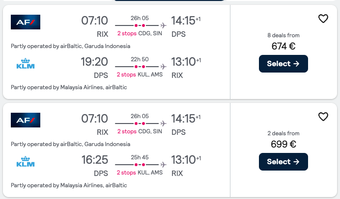 Booking example for flight from Riga (RIX) to Denpasar (DPS).