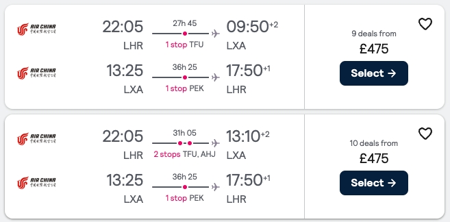 Booking example for flight from London Heathrow (LHR) to Lhasa (LXA).