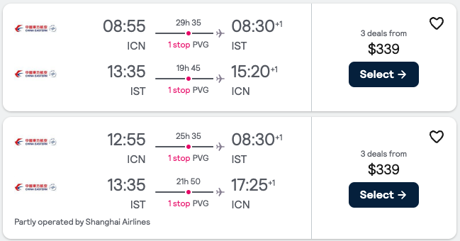 Booking example for flight from Seoul (ICN) to Istanbul (IST).