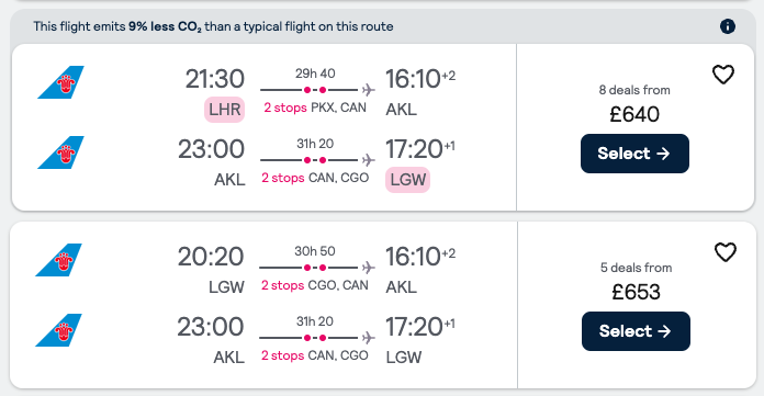 Booking example for flight from London Heathrow (LHR) to Auckland (AKL).