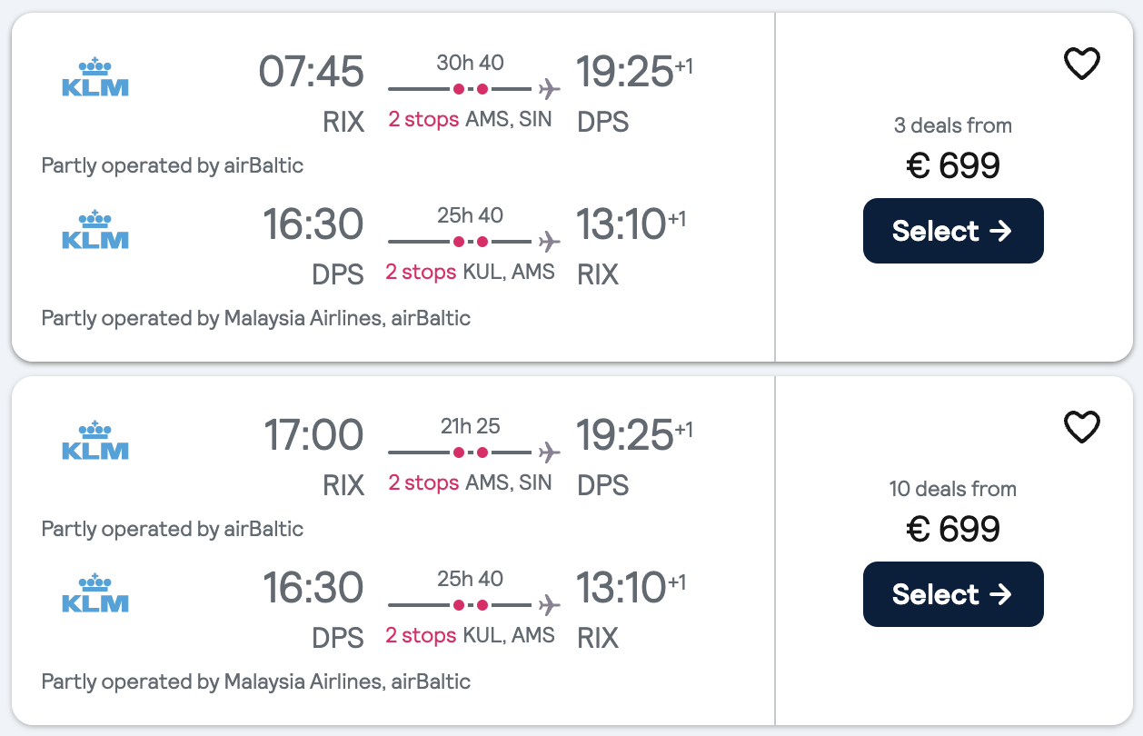 Booking example for flight from Riga (RIX) to Denpasar (DPS).