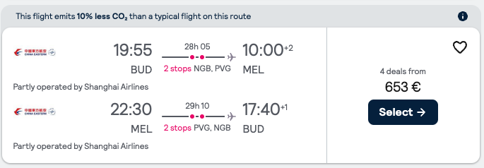 Booking example for flight from Budapest (BUD) to Melbourne (MEL).