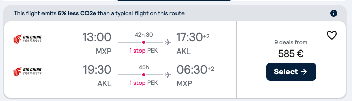 Booking example for flight from Milan (MXP) to Auckland (AKL).