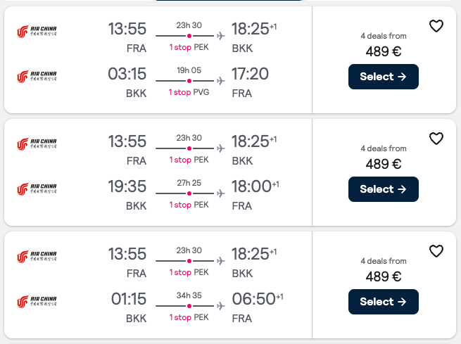 Booking example for flight from Frankfurt (FRA) to Bangkok (BKK).