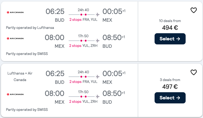 Booking example for flight from Budapest (BUD) to Mexico City (MEX).