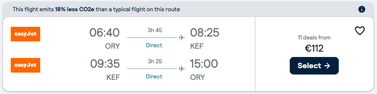 Booking example for flight from Paris (ORY) to Reykjavík (KEF).