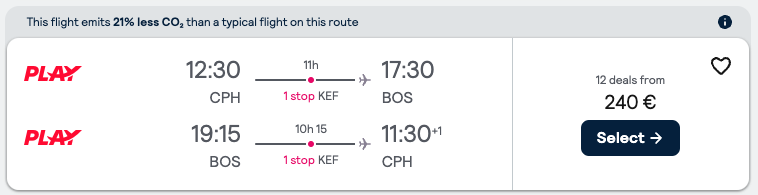 Booking example for flight from Copenhagen (CPH) to Boston (BOS).