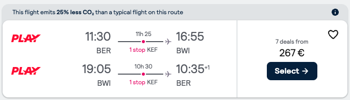 Booking example for flight from Berlin (BER) to Baltimore (BWI).