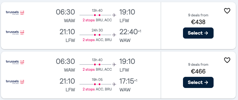 Booking example for flight from Warsaw (WAW) to Lomé (LFW).