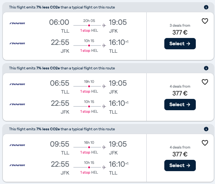 Booking example for flight from Tallinn (TLL) to New York (JFK).