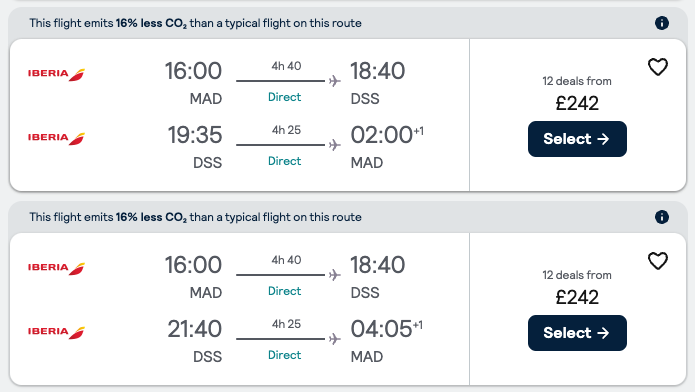 Booking example for flight from Madrid (MAD) to Dakar (DSS).