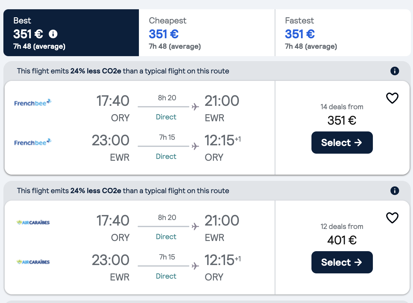 Booking example for flight from Paris (ORY) to New York (EWR).