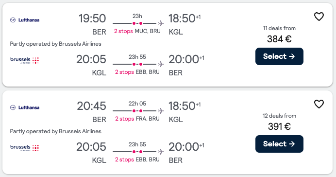 Booking example for flight from Berlin (BER) to Kigali (KGL).