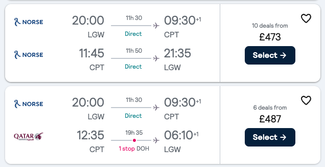 Booking example for flight from London Gatwick (LGW) to Cape Town (CPT).