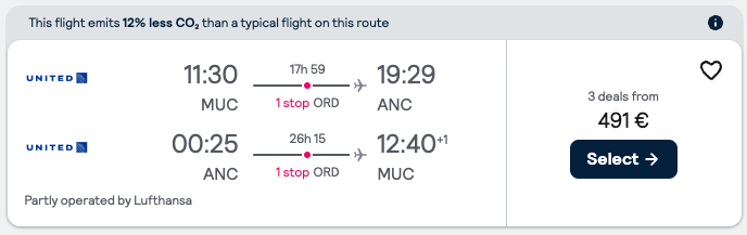 Booking example for flight from Munich (MUC) to Anchorage (ANC).