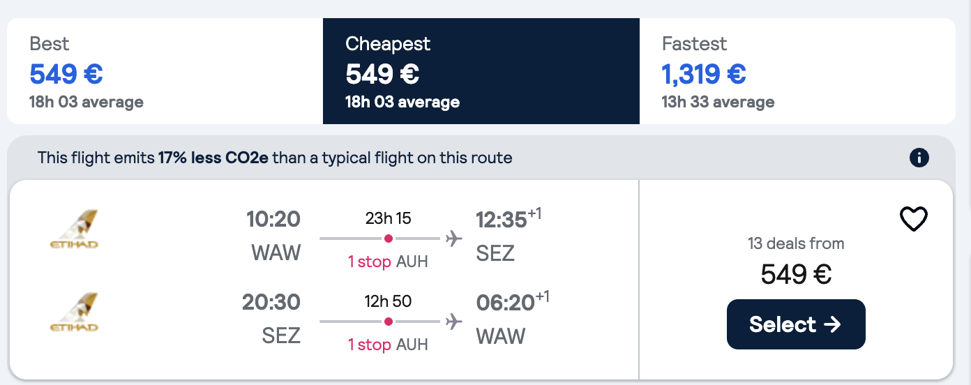 Booking example for flight from Warsaw (WAW) to Mahé (SEZ).