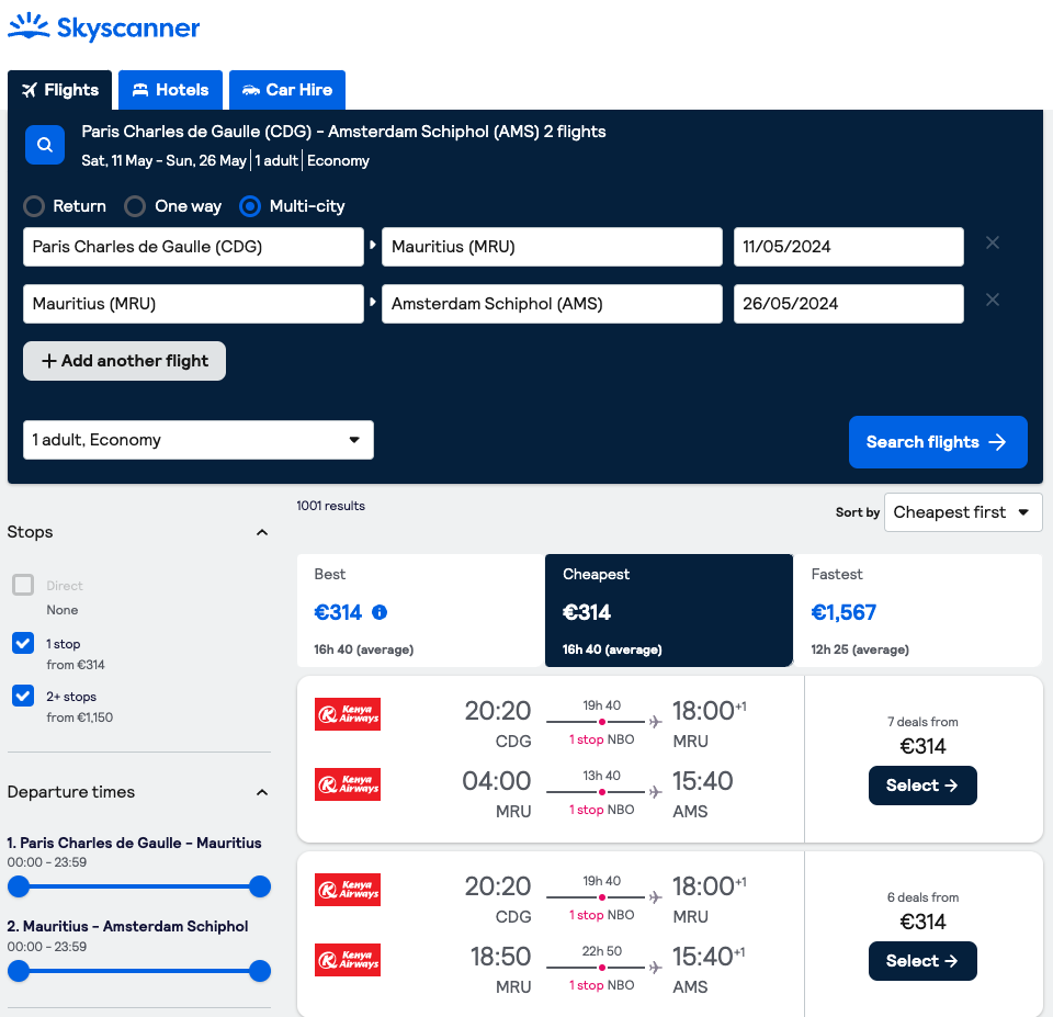 Booking example for flight from Paris (CDG) to Port Louis (MRU).