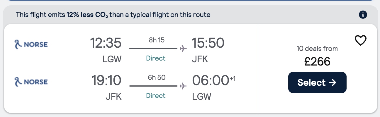 Booking example for flight from London Gatwick (LGW) to New York (JFK).