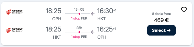 Booking example for flight from Copenhagen (CPH) to Phuket (HKT).