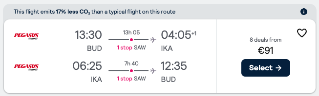 Booking example for flight from Budapest (BUD) to Tehran (IKA).