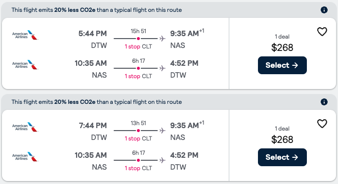 Booking example for flight from Detroit (DTW) to Nassau (NAS).