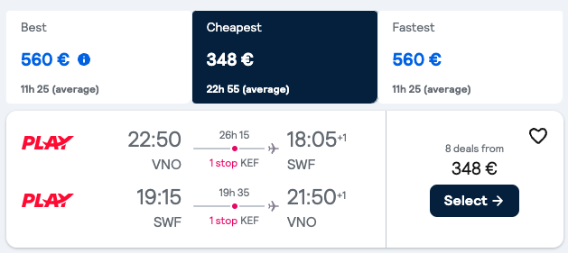 Booking example for flight from Vilnius (VNO) to Newburgh (SWF).