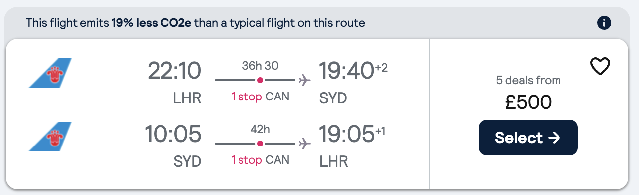 Booking example for flight from London Heathrow (LHR) to Sydney (SYD).