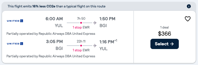 Booking example for flight from Montréal (YUL) to Bridgetown (BGI).