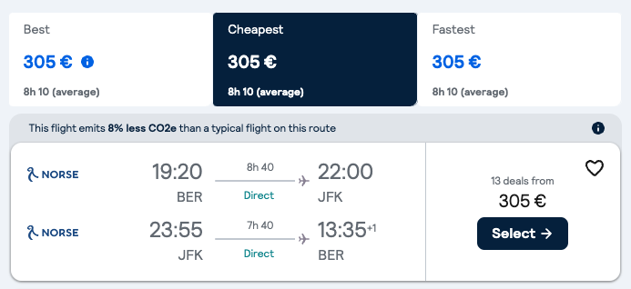 Booking example for flight from Berlin (BER) to New York (JFK).