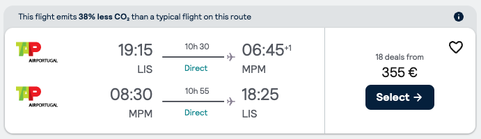 Booking example for flight from Lisbon (LIS) to Maputo  (MPM).