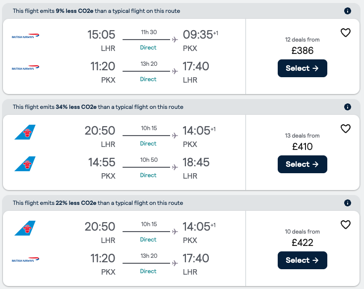 Booking example for flight from London Heathrow (LHR) to Beijing (PKX).