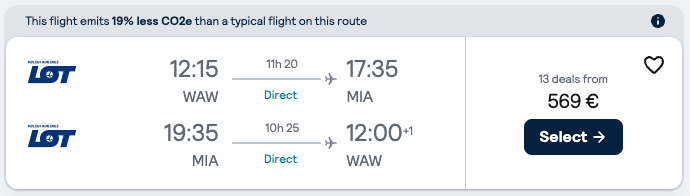 Booking example for flight from Warsaw (WAW) to Miami (MIA).