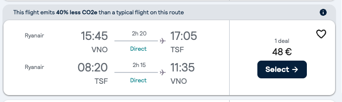 Booking example for flight from Vilnius (VNO) to Venice (TSF).