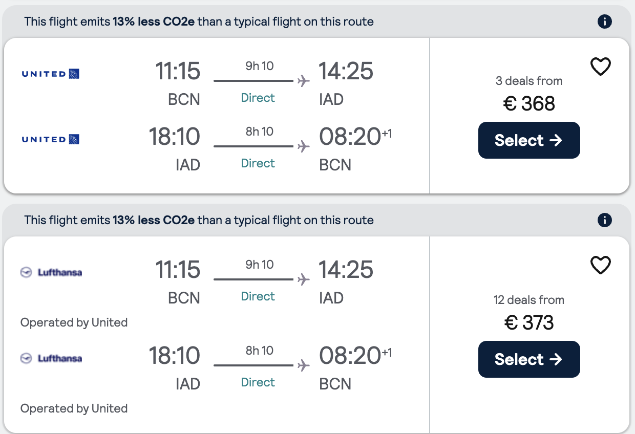 Booking example for flight from Barcelona (BCN) to Washington DC (IAD).