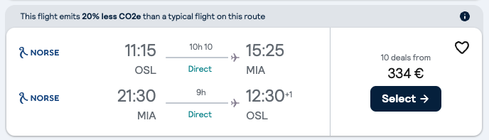 Booking example for flight from Oslo (OSL) to Miami (MIA).