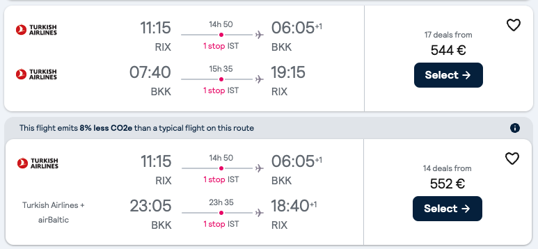 Booking example for flight from Riga (RIX) to Bangkok (BKK).