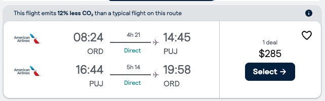 Booking example for flight from Chicago (ORD) to Punta Cana (PUJ).