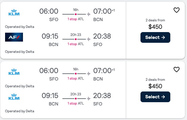 Booking example for flight from San Francisco (SFO) to Barcelona (BCN).