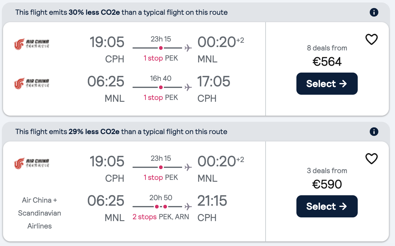 Booking example for flight from Copenhagen (CPH) to Manila (MNL).