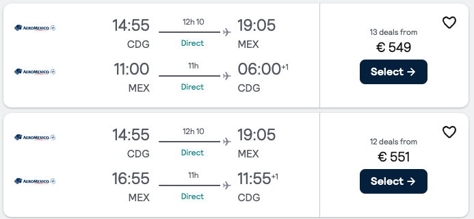 Booking example for flight from Paris (CDG) to Mexico City (MEX).